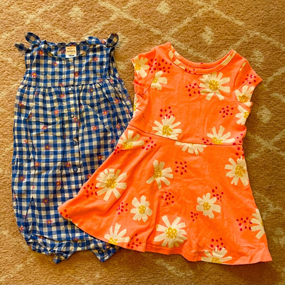 Carter’s Blue Checkered Romper and Cat and Jack Pink Floral Toddler Dress